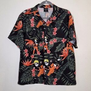 Naruto Shippuden Hawaiian Floral Tropical Black Button Shirt - Size Medium